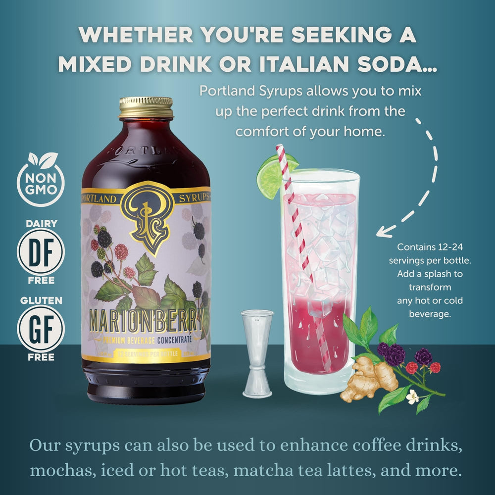 Portland Syrups primer plano de etiqueta con ingredientes y origen de Oregon, confianza artesanal
