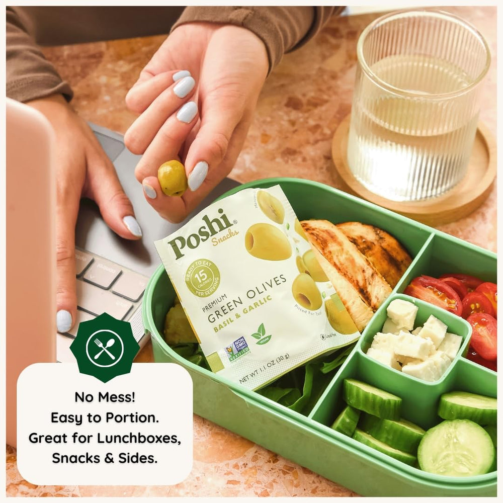 Poshi etiqueta con lista de ingredientes simples y beneficios saludables