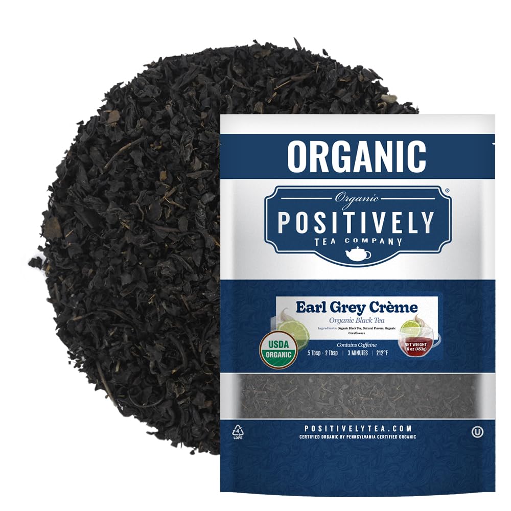 Positively Tea packaging delantero mostrando bolsa de 16 oz con ventaja orgánica