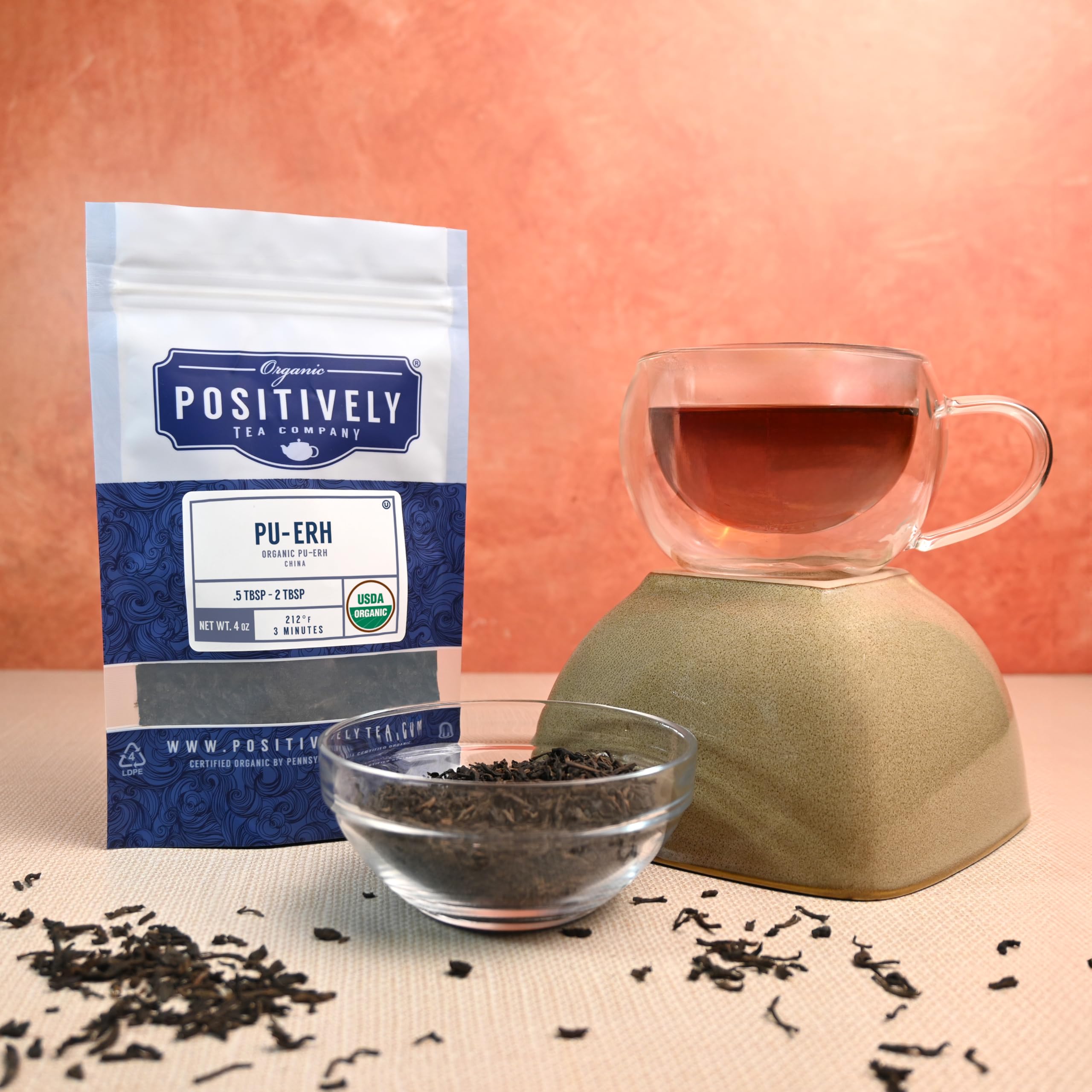 Organic Positively Tea etiqueta con sellos USDA Organic y Kosher visible