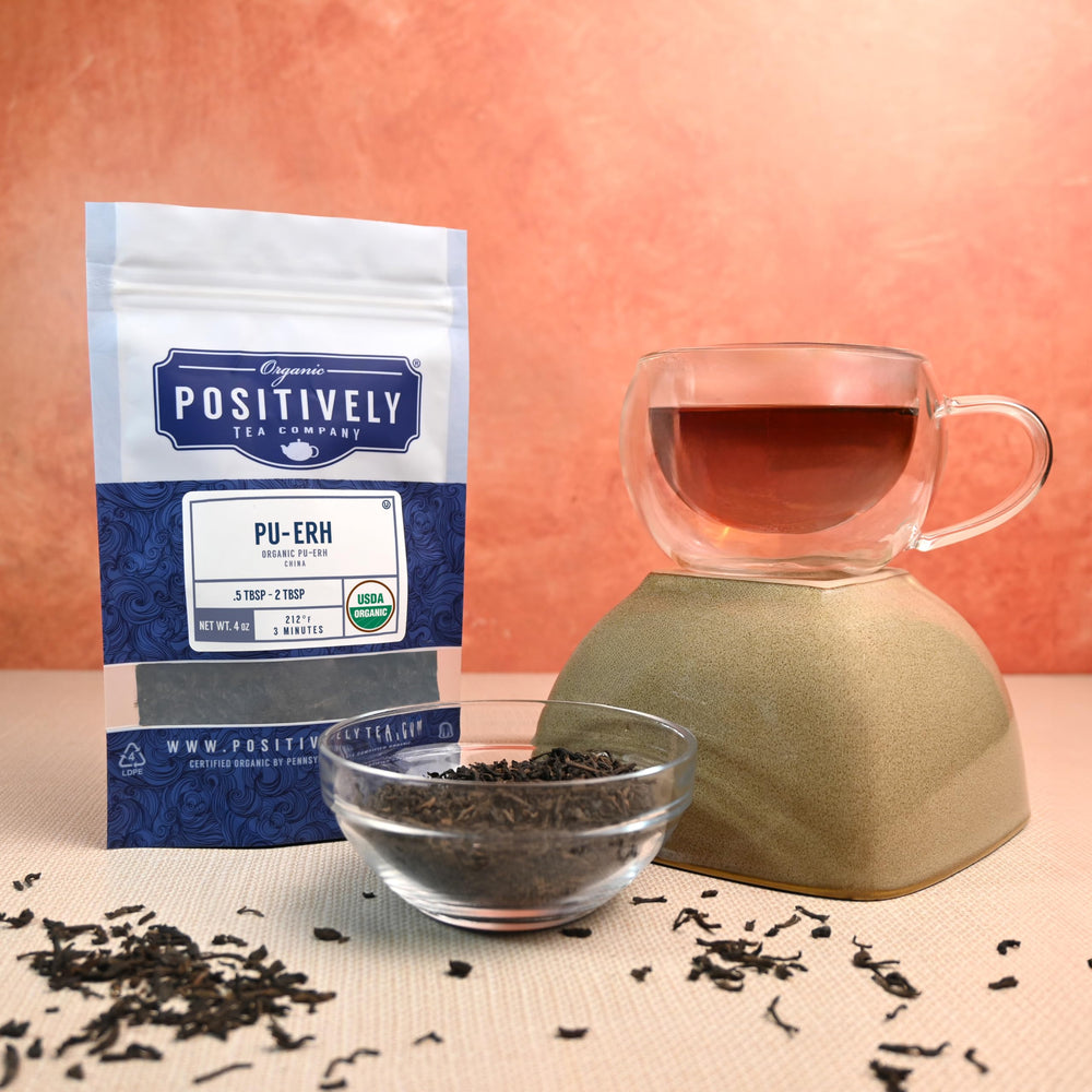 Organic Positively Tea etiqueta con sellos USDA Organic y Kosher visible