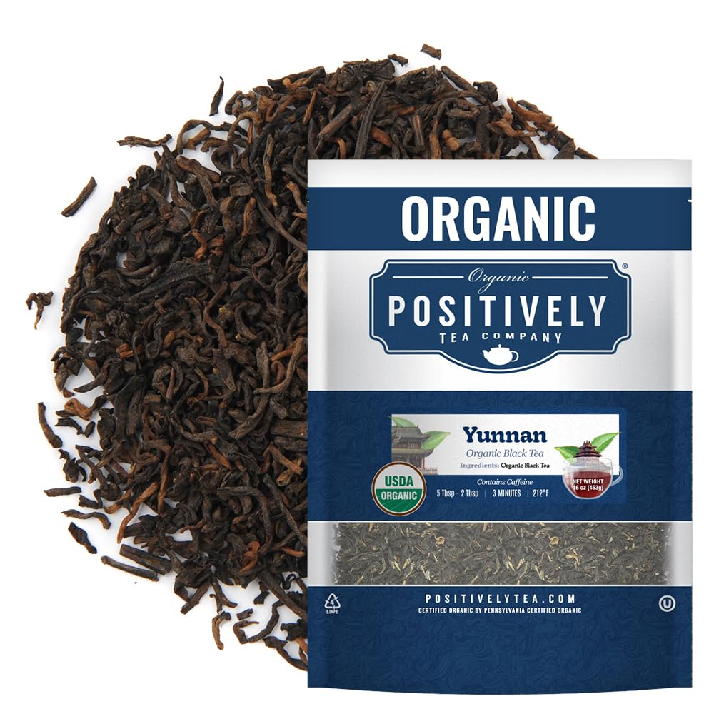 Organic Positively Tea Company frente del paquete mostrando la bolsa de 1 libra y beneficios orgánicos