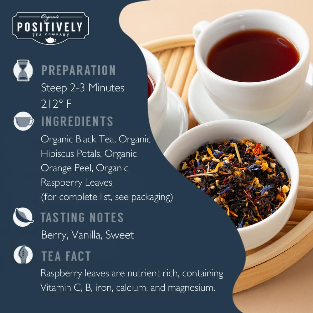 Organic Positively Tea hojas sueltas en primer plano, textura aromática visible