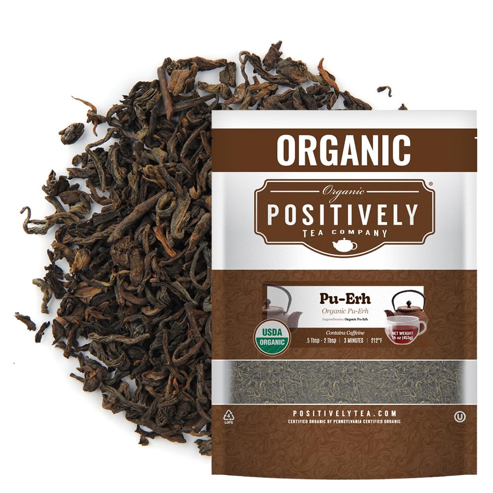 Organic Positively Tea paquete frontal mostrando 16 oz y certificaciones orgánicas