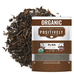 Organic Positively Tea paquete frontal mostrando 16 oz y certificaciones orgánicas