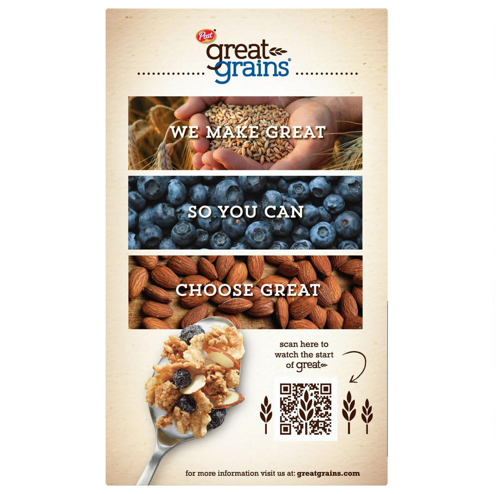 Post Great Grains etiqueta e información nutricional junto a caja para referencia