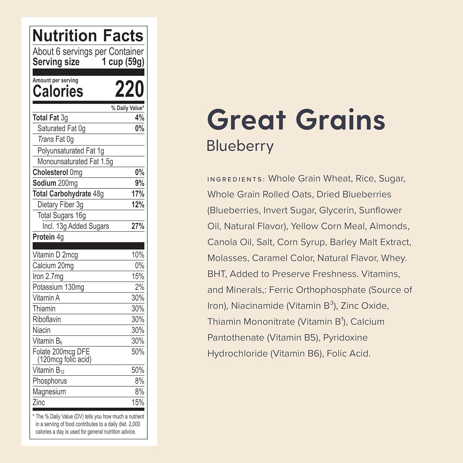 Post Great Grains primer plano de hojuelas, racimos y arándanos para textura crujiente