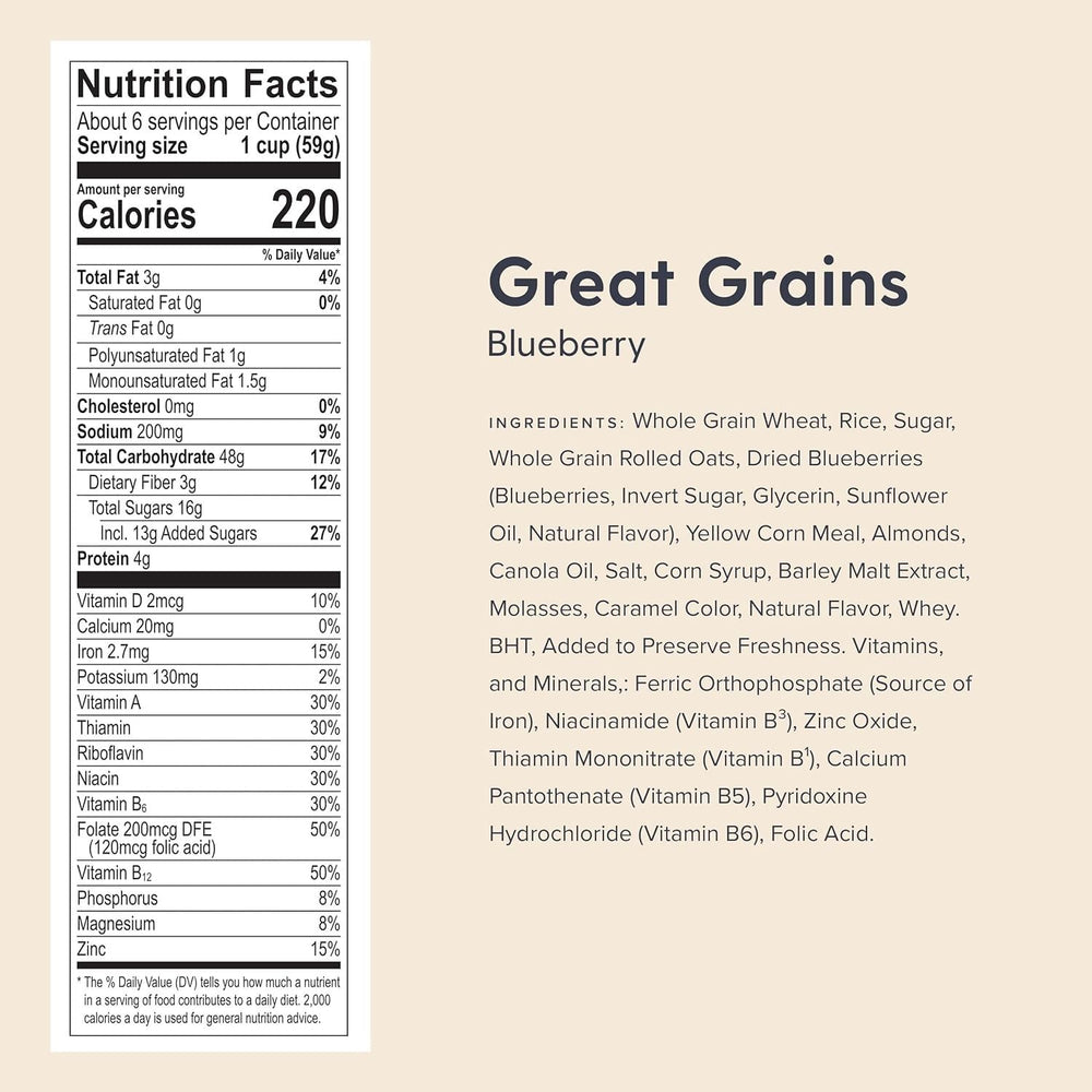 Post Great Grains primer plano de hojuelas, racimos y arándanos para textura crujiente