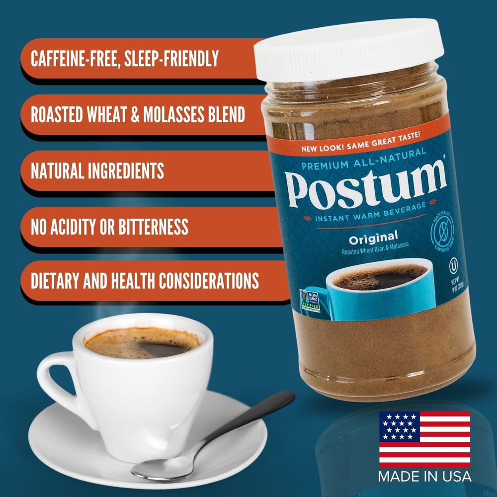 Comparativa de tamaño del envase Postum junto a una taza para escala
