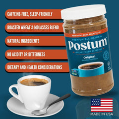 Comparativa de tamaño del envase Postum junto a una taza para escala