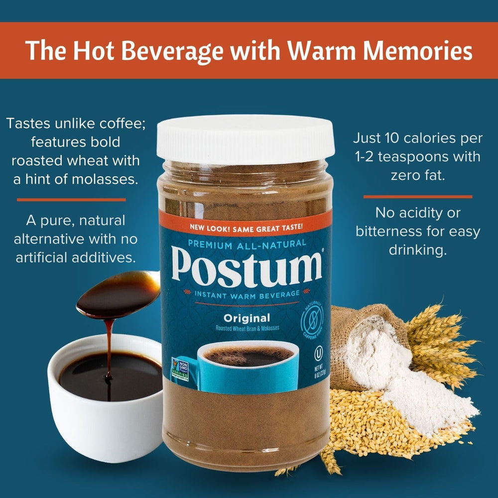 Ingredientes de Postum: trigo tostado y melaza, natural y sencillo
