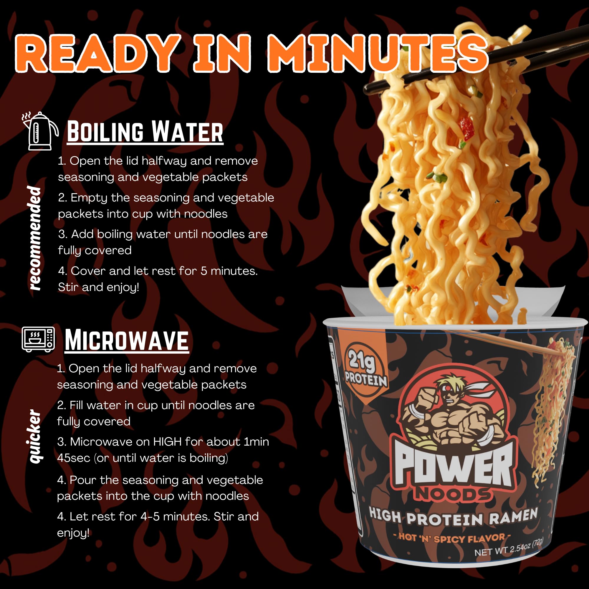 Power Noods primer plano del caldo picante mostrando color y atractivo sabor