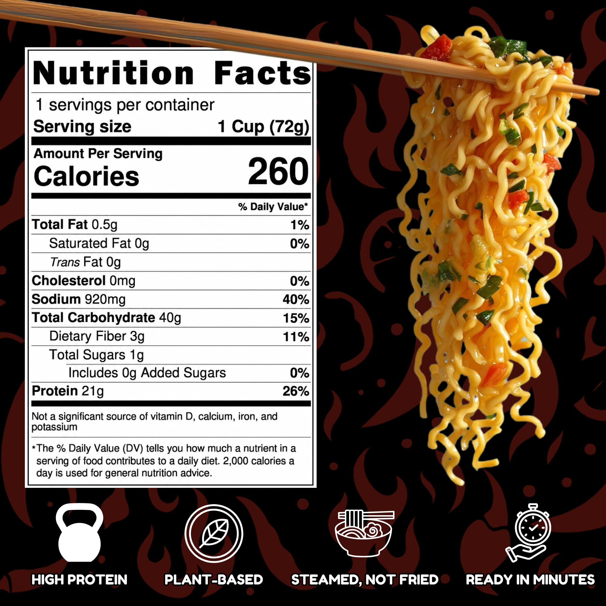 Power Noods porción junto a una mano para comparar escala y tamaño del producto