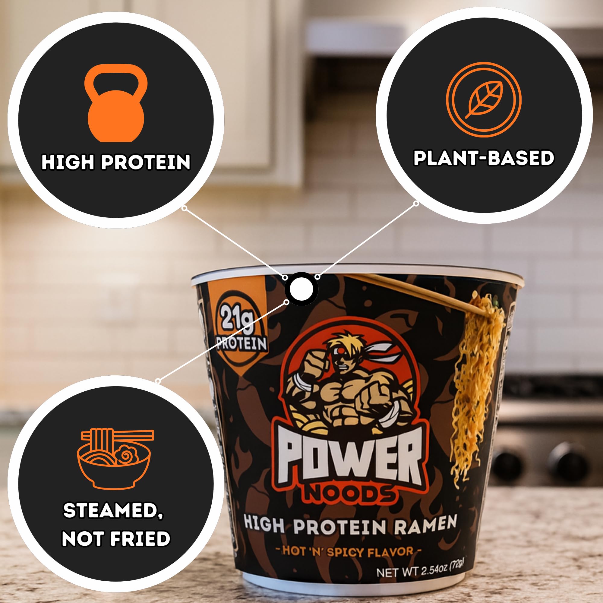Power Noods close-up de la textura de fideos resaltando consistencia firme