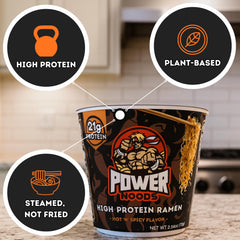 Power Noods close-up de la textura de fideos resaltando consistencia firme
