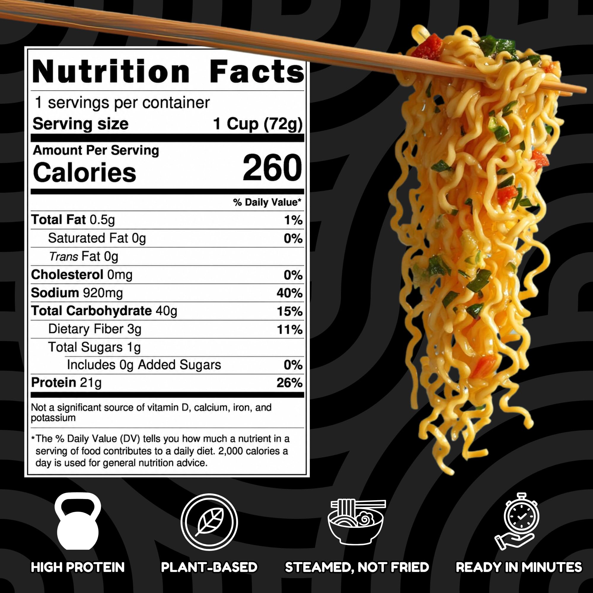 Power Noods textura de fideos cercana destacando fibra y apariencia apetecible