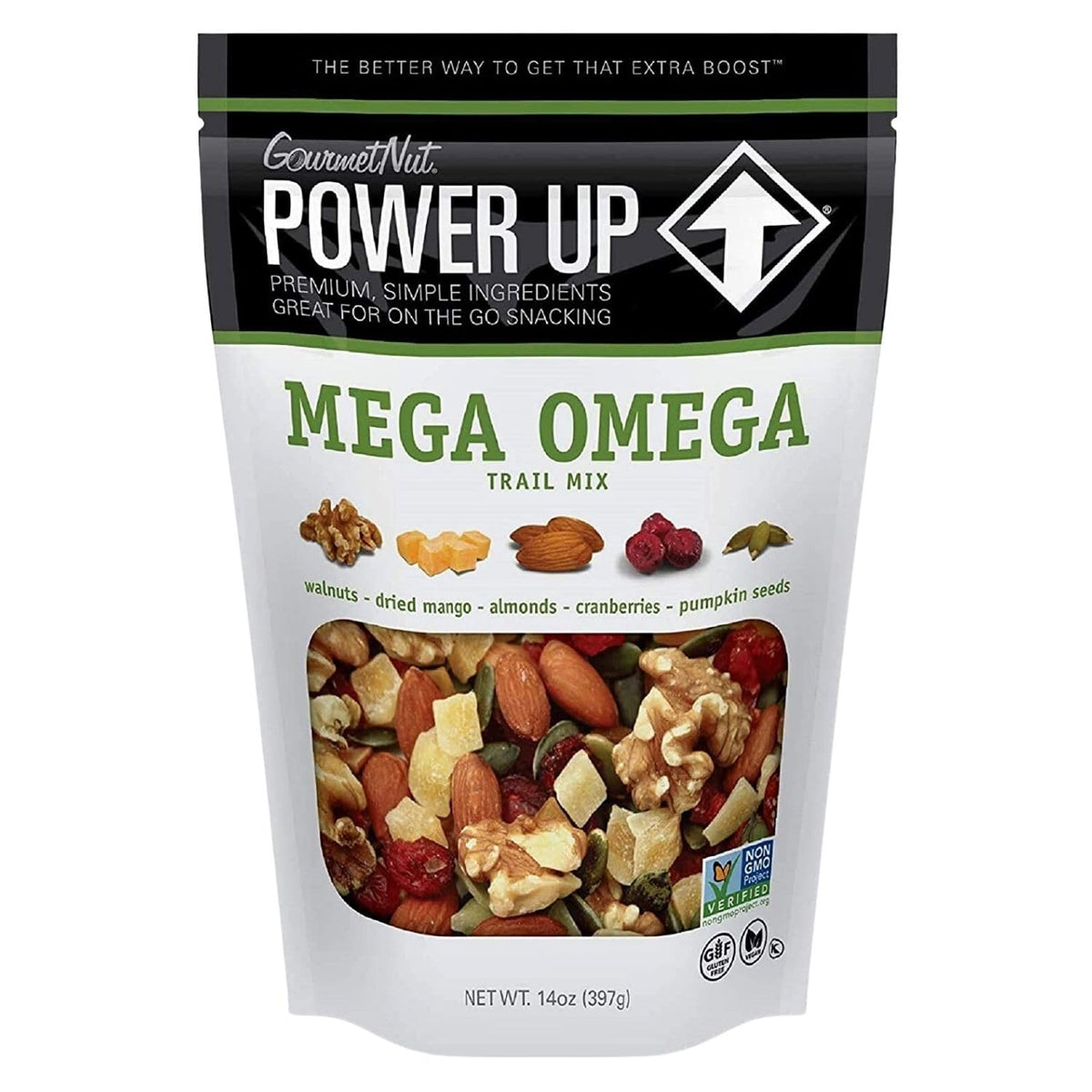 Power Up: frente del empaque del Mega Omega, resellable y práctico