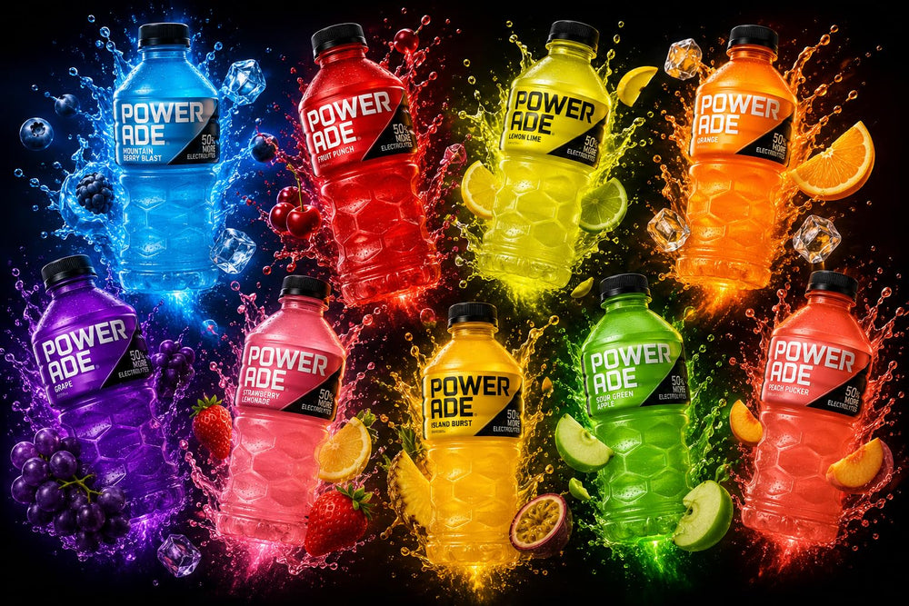 POWERADE etiqueta de botella legible con nombre y sabor visible