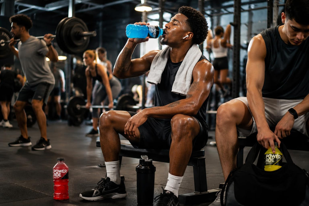 POWERADE botella junto a regla para comparar tamaño 28 oz