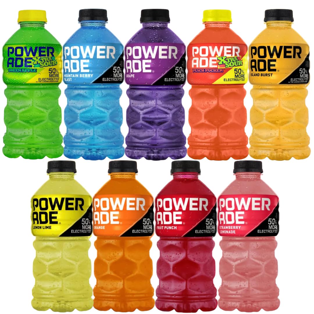 POWERADE pack frente mostrando nueve botellas y variedad de sabores
