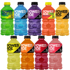 POWERADE pack frente mostrando nueve botellas y variedad de sabores