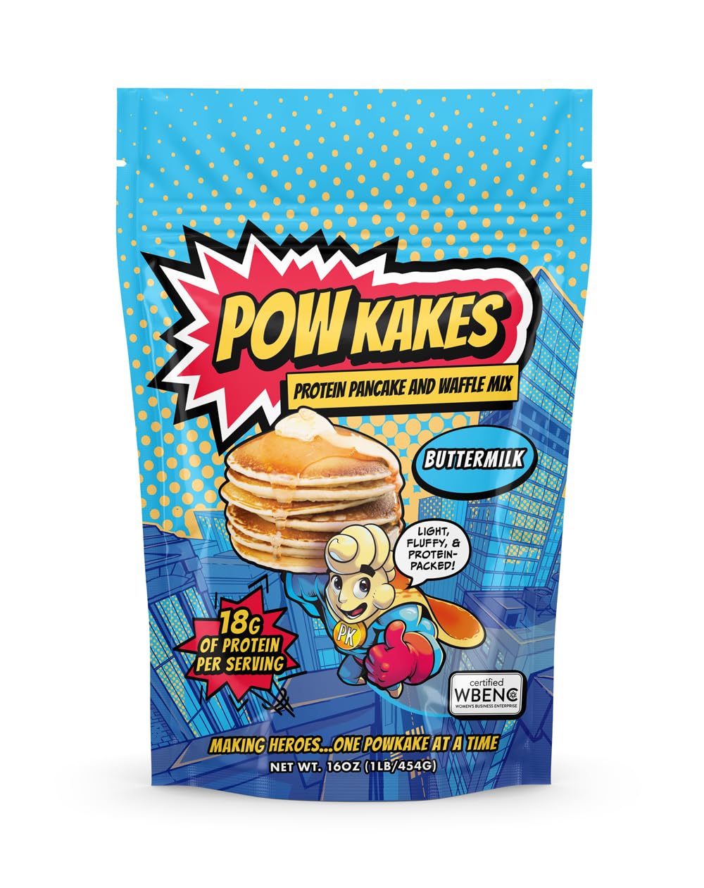 POWKAKES frente del paquete buttermilk mostrando marca y beneficio de alta proteína