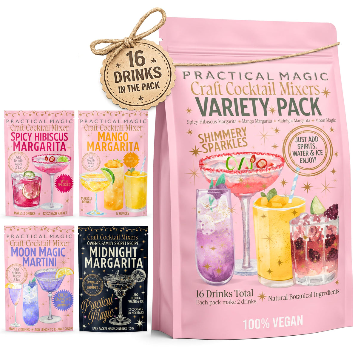 Practical Magic empaque frontal mostrando los cuatro sabores y brillo