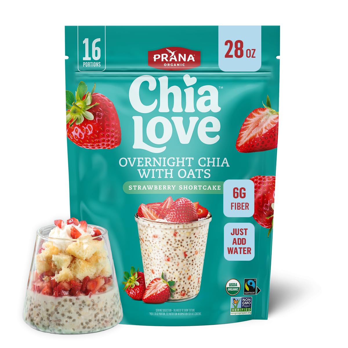 Prana Chialove frente del empaque mostrando marca y sabor strawberry shortcake