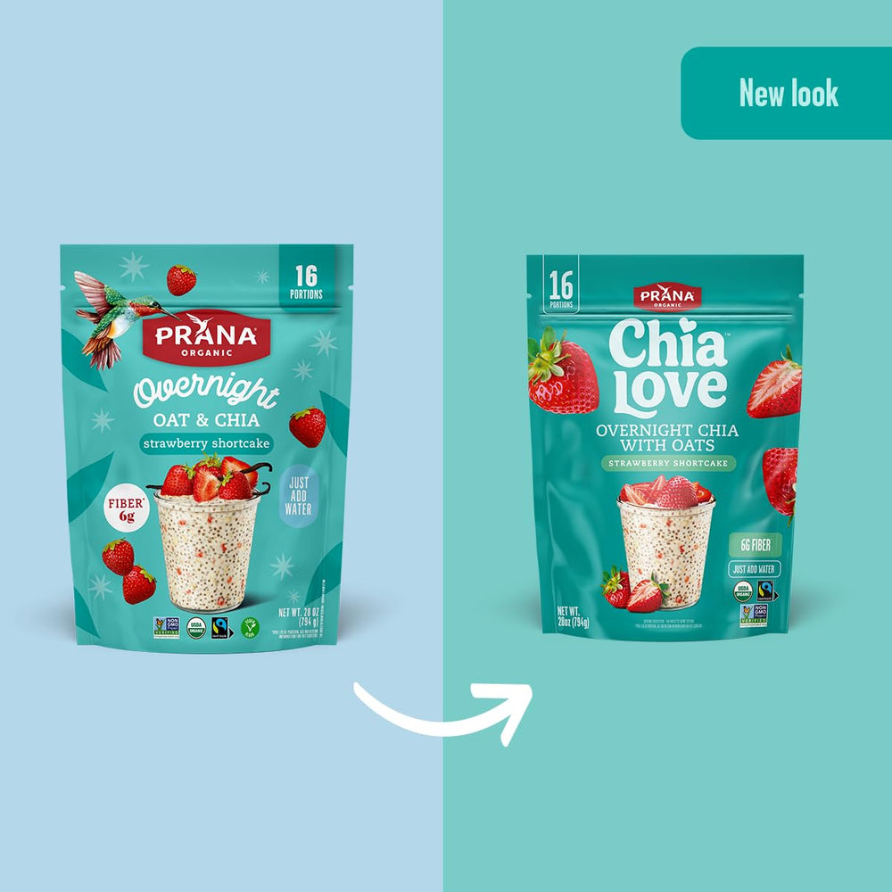 Prana Chialove ingredientes secos: avena, chía y fresas liofilizadas visibles