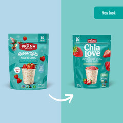 Prana Chialove ingredientes secos: avena, chía y fresas liofilizadas visibles