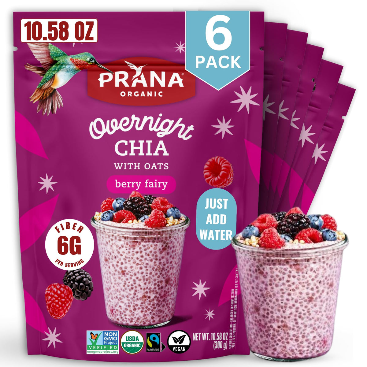 Prana empaque frontal Berry Fairy mostrando mezcla orgánica y beneficio práctico
