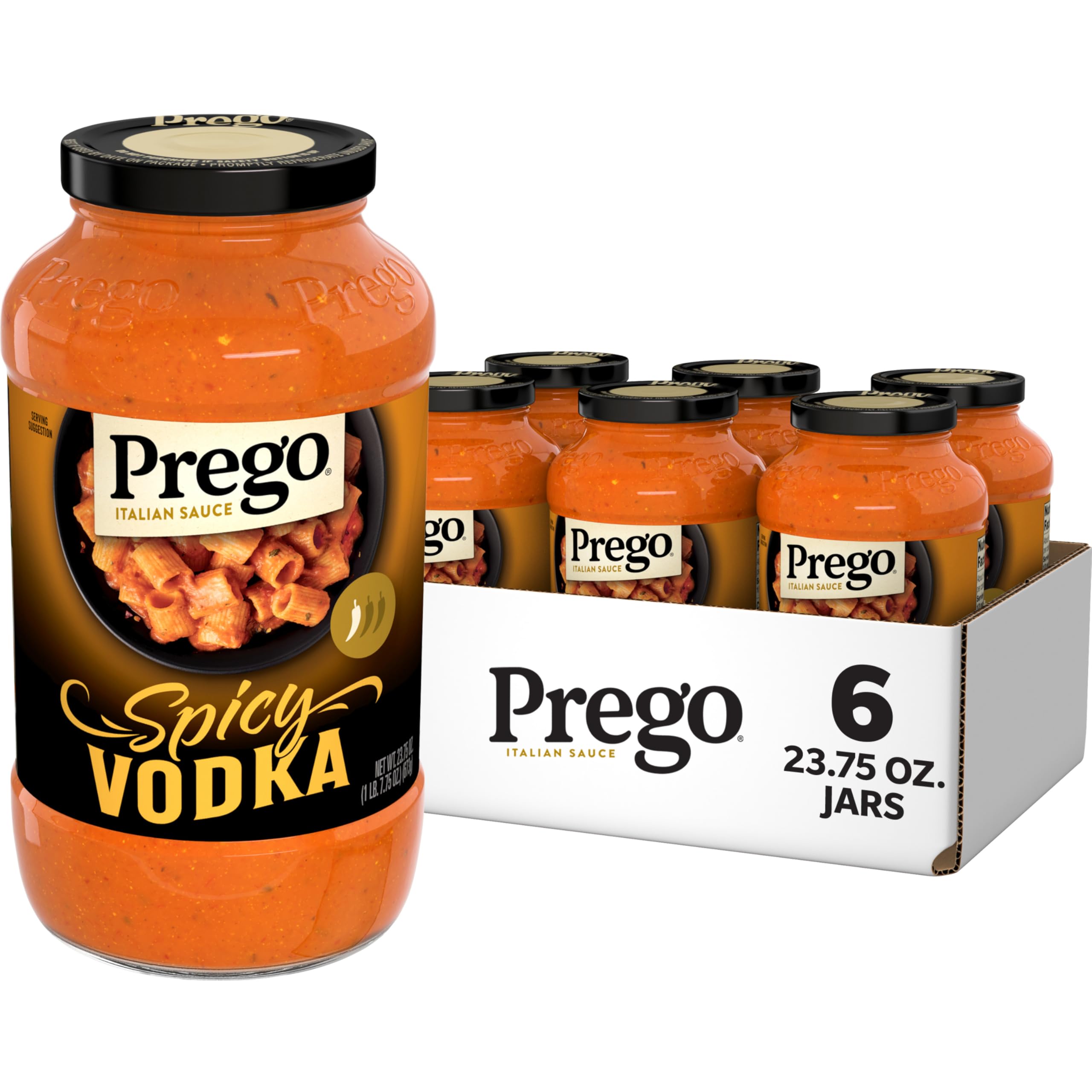 Prego frasco frontal Spicy Vodka con etiqueta clara y beneficio de sabor intenso