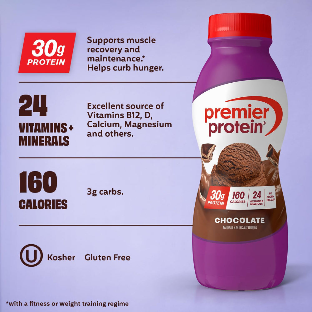 Premier Protein botella sostenida en mano, portátil para consumo inmediato