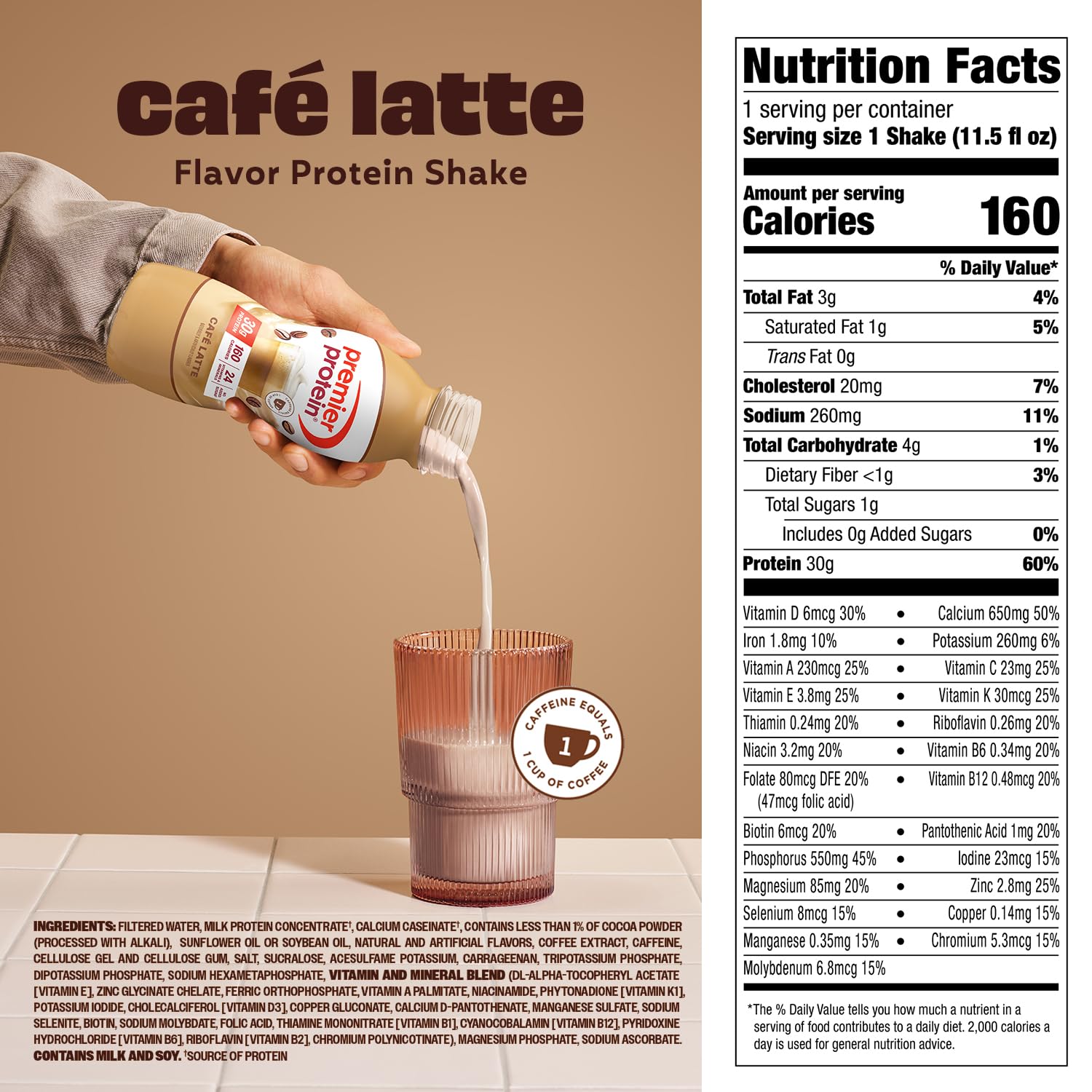 Premier Protein etiqueta nutricional en primer plano destacando 30 g de proteína y vitaminas