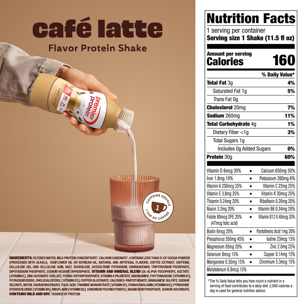Premier Protein etiqueta nutricional en primer plano destacando 30 g de proteína y vitaminas