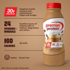 Premier Protein textura cremosa del batido servido en vaso, ofrece saciedad y sabor