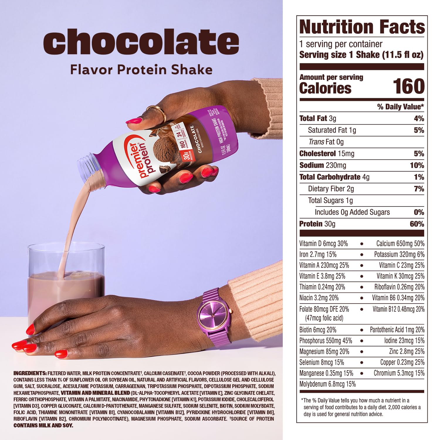 Premier Protein textura cremosa del batido chocolate, sabor indulgente y suave