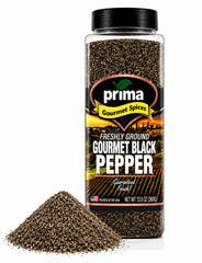 Prima Gourmet frasco anverso mostrando 13 oz y cierre resealable para conservar sabor