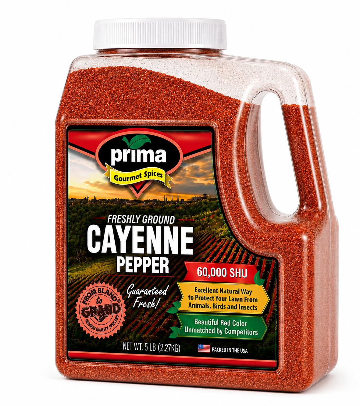 Prima Spice envase frontal de 5 lb mostrando etiqueta y asa, ideal para cocinas