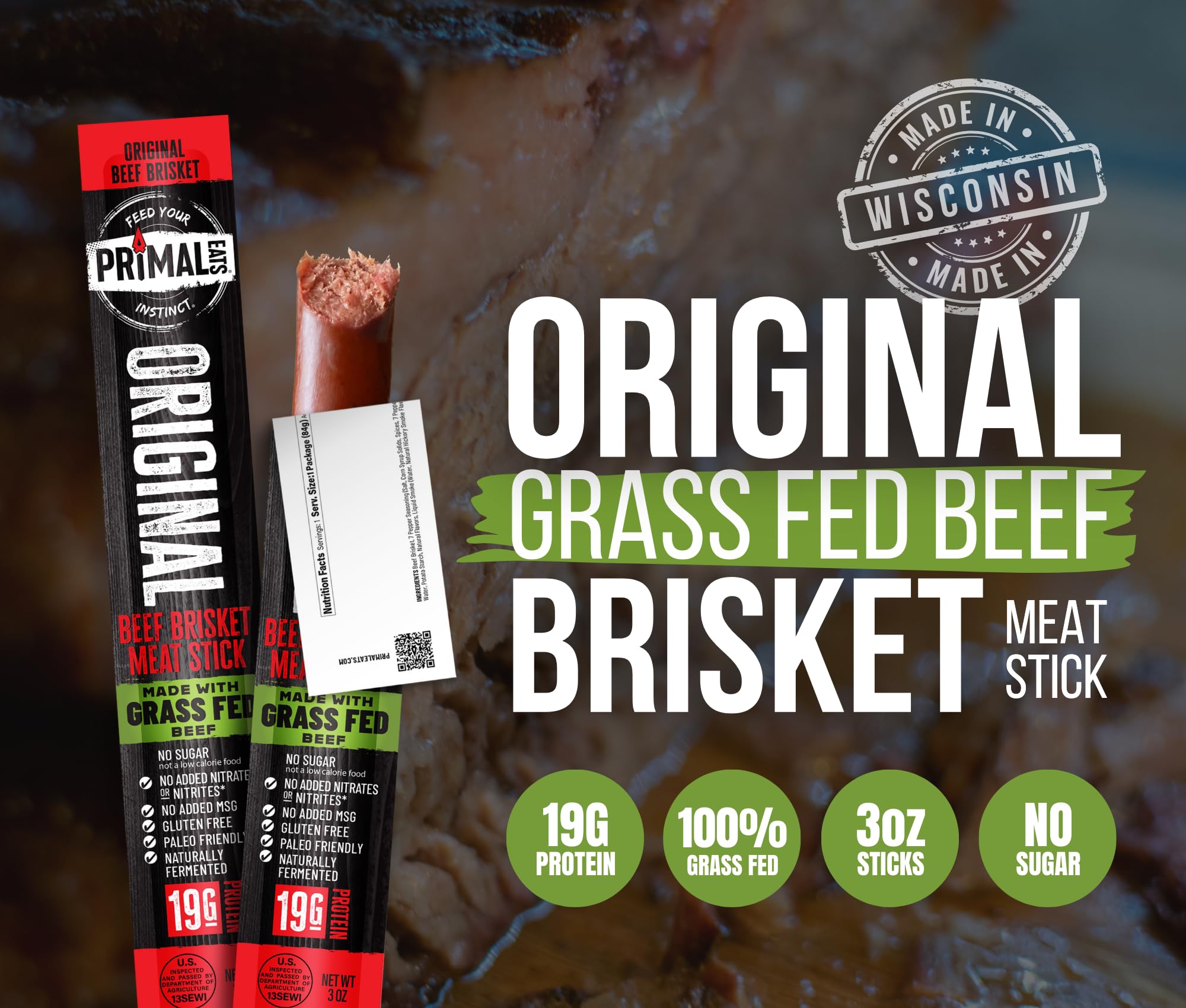 Primal Eats textura del palito cortado que revela carne marmoleada, sugiere sabor