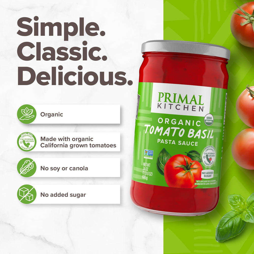 Primal Kitchen detalle de textura de salsa mostrando tomate y aceite de aguacate cremoso