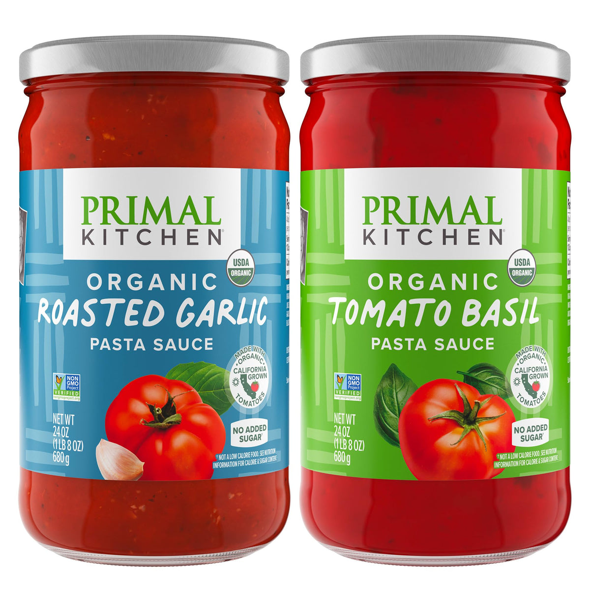 Primal Kitchen frascos frontales mostrando Tomato Basil y Roasted Garlic y conveniencia