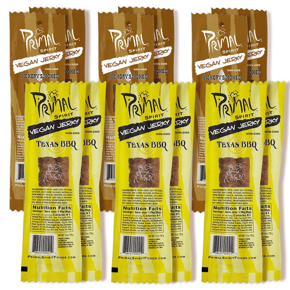 Primal Spirit empaque frontal mostrando sabores y certificación Non-GMO