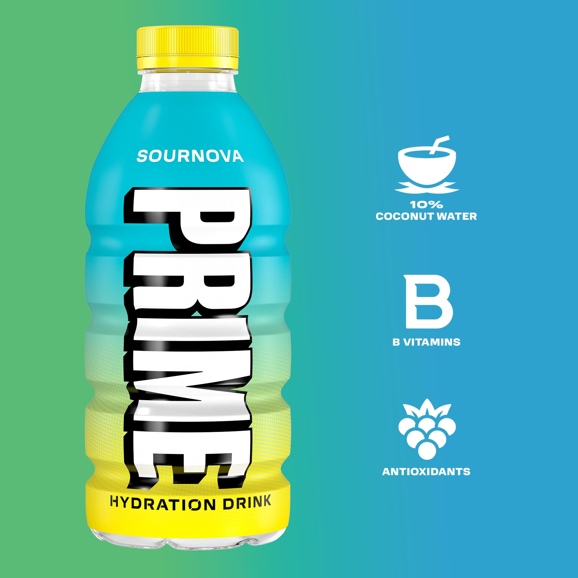PRIME HYDRATION botella en mano para demostrar tamaño portátil y fácil uso