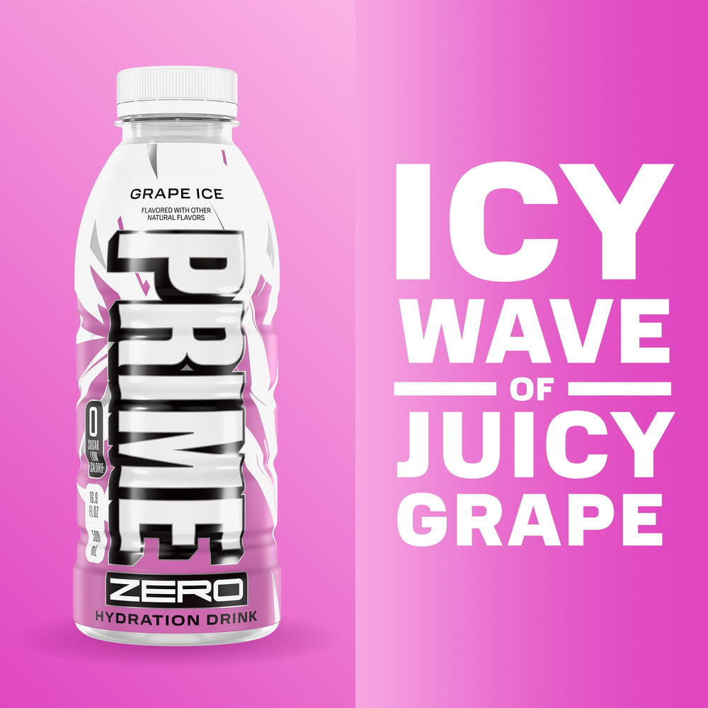 PRIME HYDRATION botella Grape Ice en mano 500 ml, práctico para llevar al entrenamiento