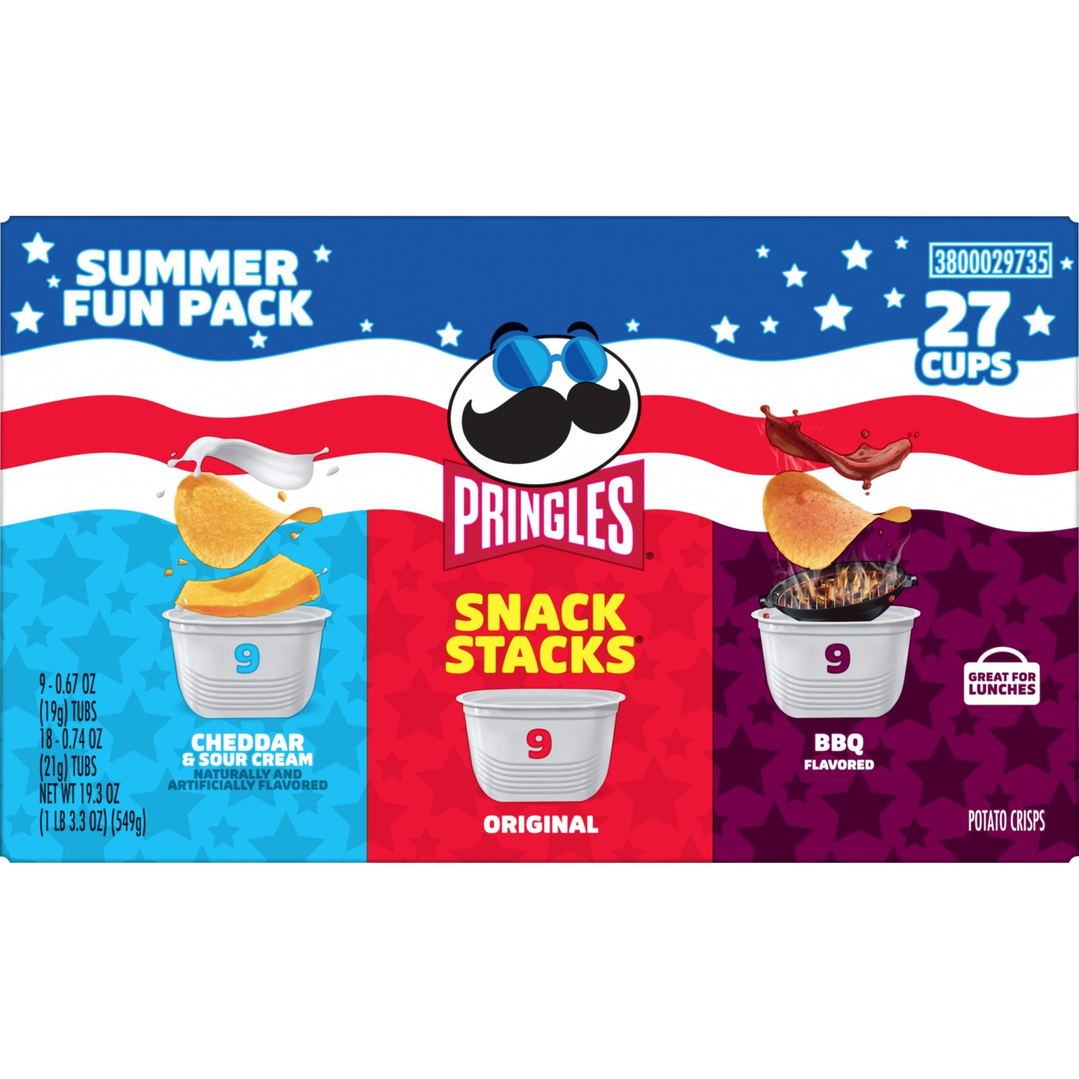Pringles 27 tazas apiladas en caja abierta, almacenaje compacto