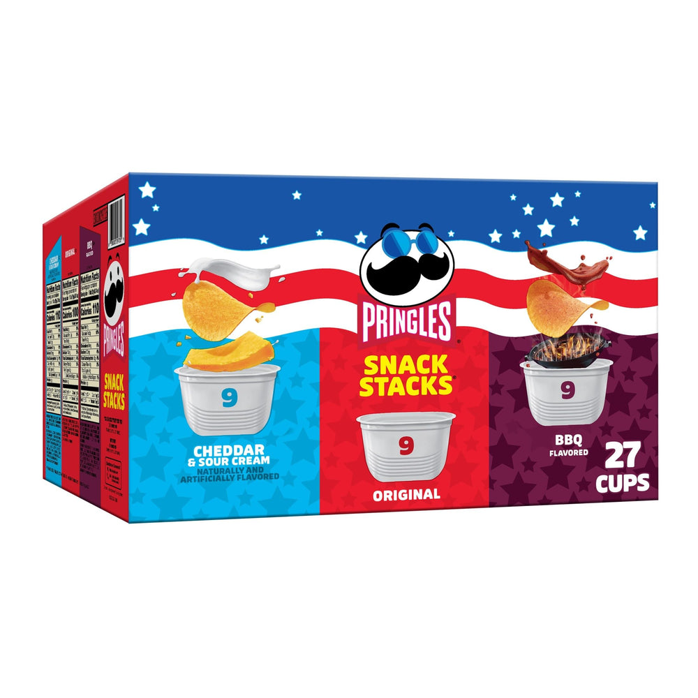 Pringles caja frontal mostrando 27 tazas y variedad de sabores, conveniencia inmediata