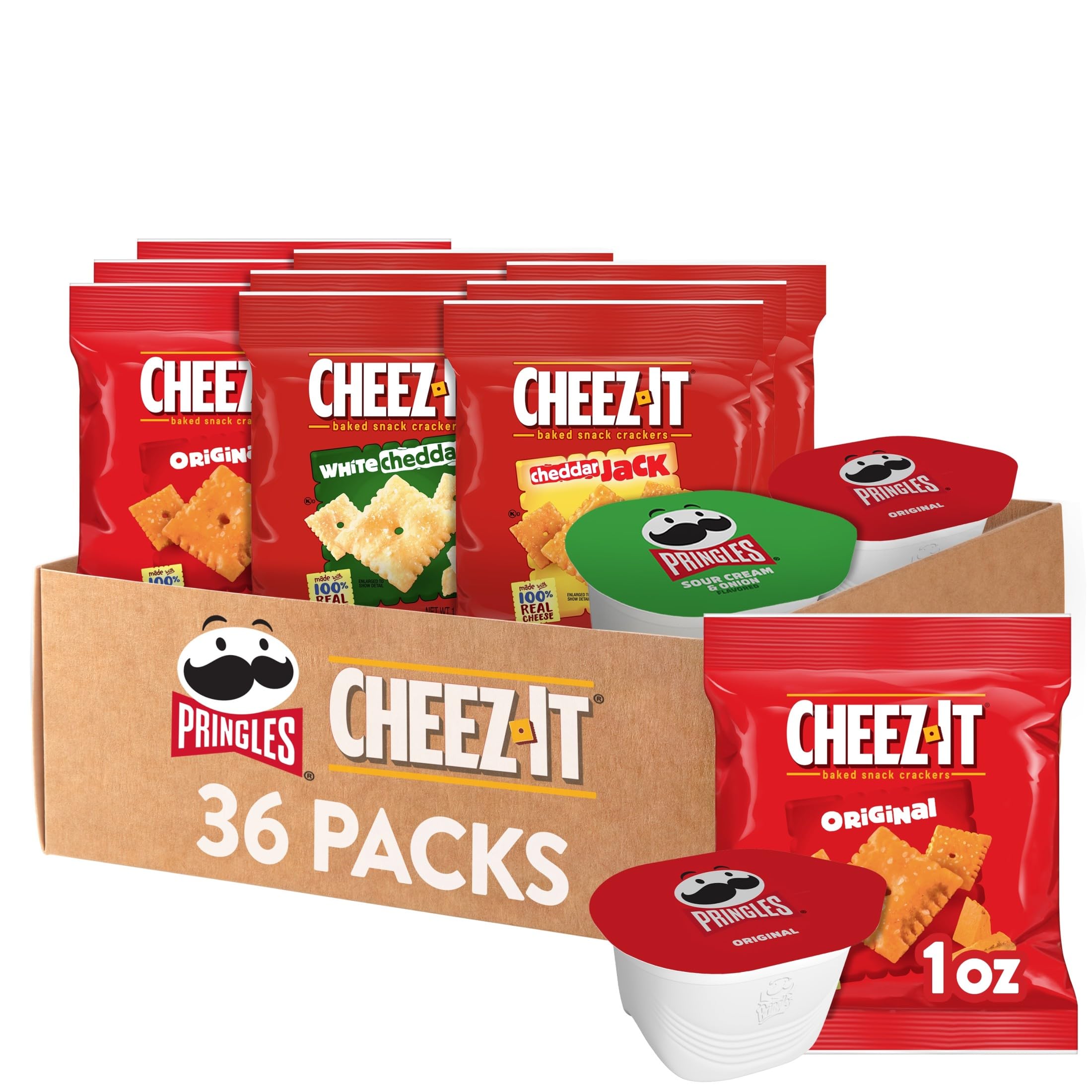 Pringles y Cheez-It vista frontal del paquete, conveniencia para compartir