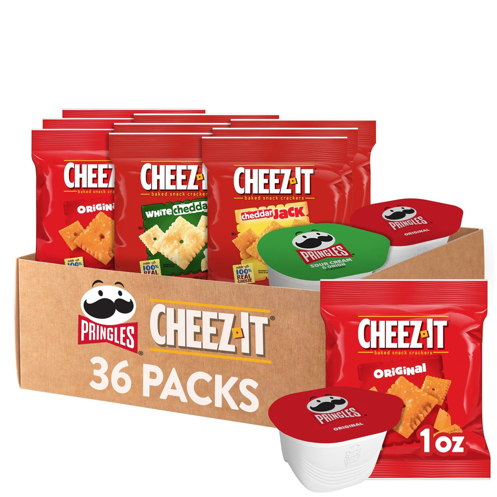 Pringles y Cheez-It vista frontal del paquete, conveniencia para compartir