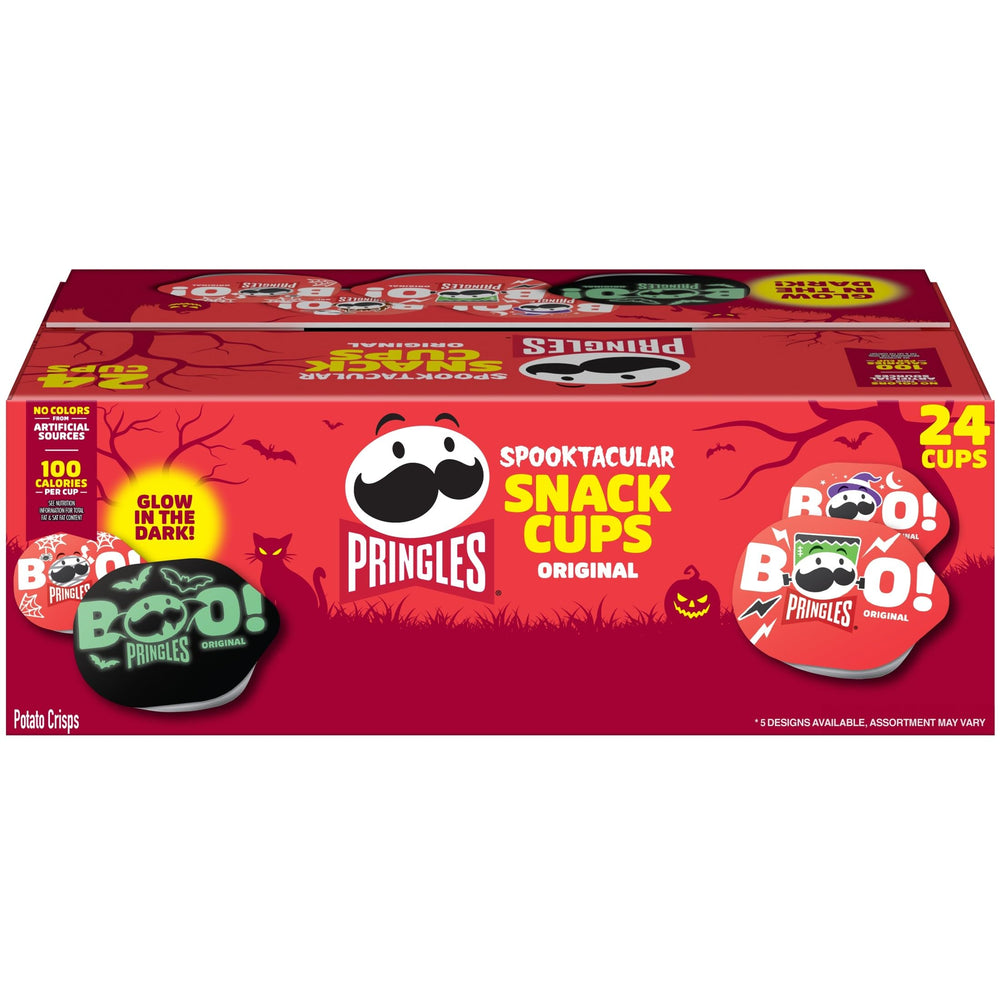 Pringles caja frontal de Halloween mostrando 24 vasos, marca visible y diversión